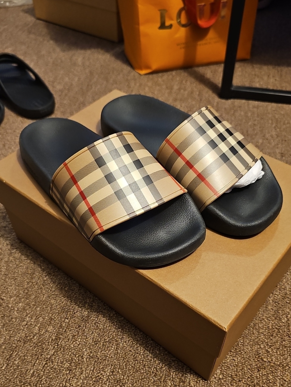 Burberry Plaid Slide Sandals in Beige